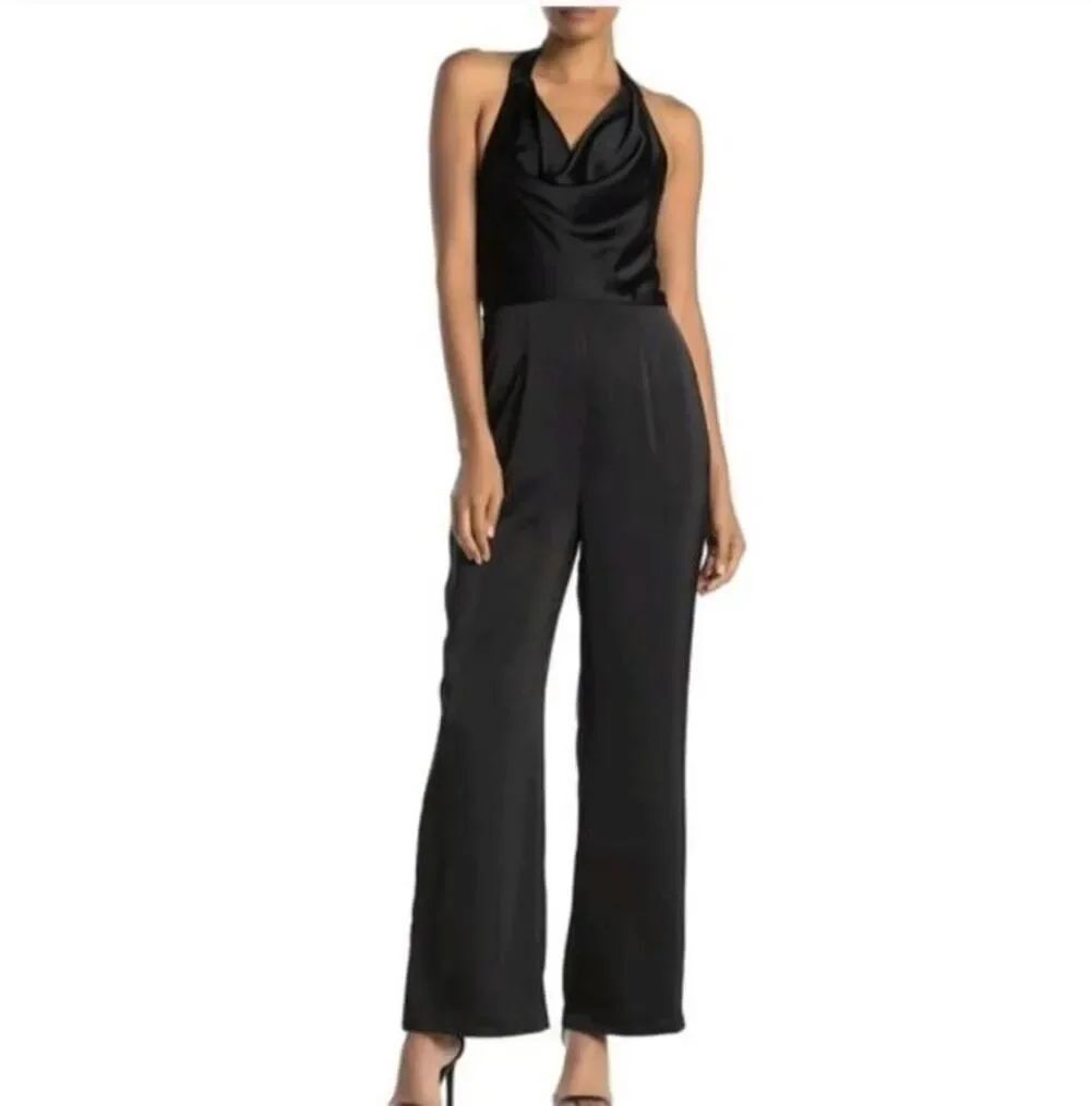 NWT 19 Cooper Black Satin Cowl Neck Halter Jumpsuit Wide Leg Size S